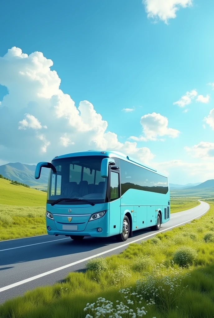 A very logo shot a a modern light blue color bus on a highway i want the plenty of background