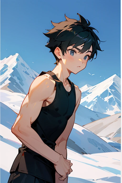 Snowy mountains in the background、An elementary school boy standing wearing a tight white racerback tank top、The sleeve opening of the tank top is wide、tall、Handsome、The navel is slightly visible