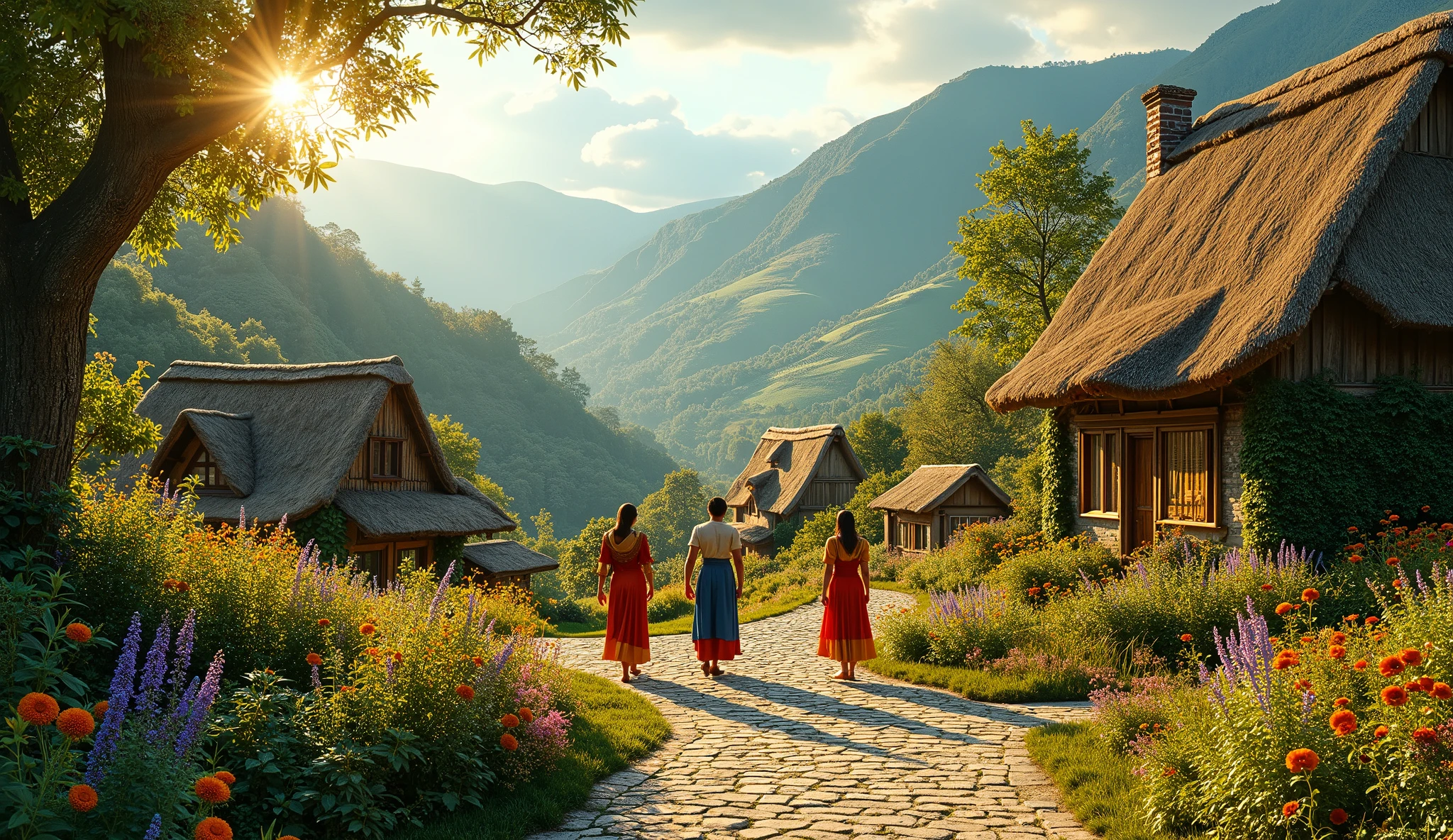 Beautiful village located in deep upside hills and people in village roming around the village