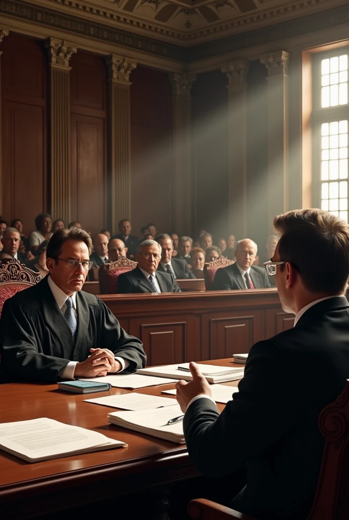 a 4k picture of a court hearing together with the victim, accused, lawyers. and judge