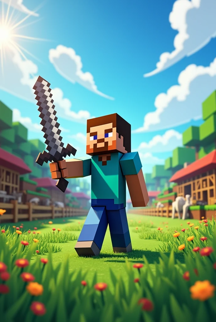 Minecraft whit a sword of iron on a farm