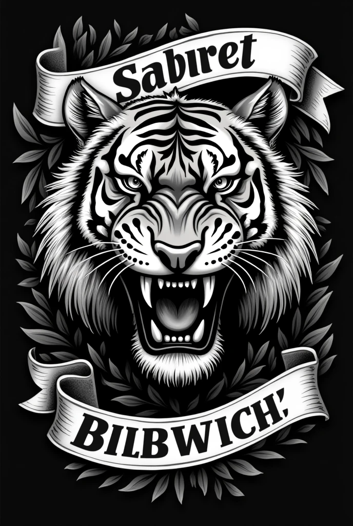 saber-toothed tiger、outlaw、symbol、Biker Patch、black and white、vintage style、(t-shirt design)、Masterpiece volumetric light,emblem
