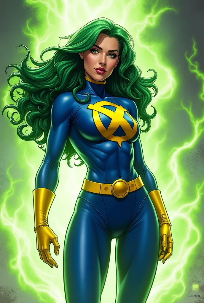 Lorna Dane, polaris x-men, (busty and voluptuous body), (blue glowes:1.5), (arms naked:1.3), (green thick wavy long hair:1.4), (huge breast:1.6), wearing a blue costume, big yellow in the chest and stomach, with yellow xmen belt, yellow boots, (screenshot of a beat em up videogame), (she's surrounded by a green energy:1.5), (comic style:1.4)