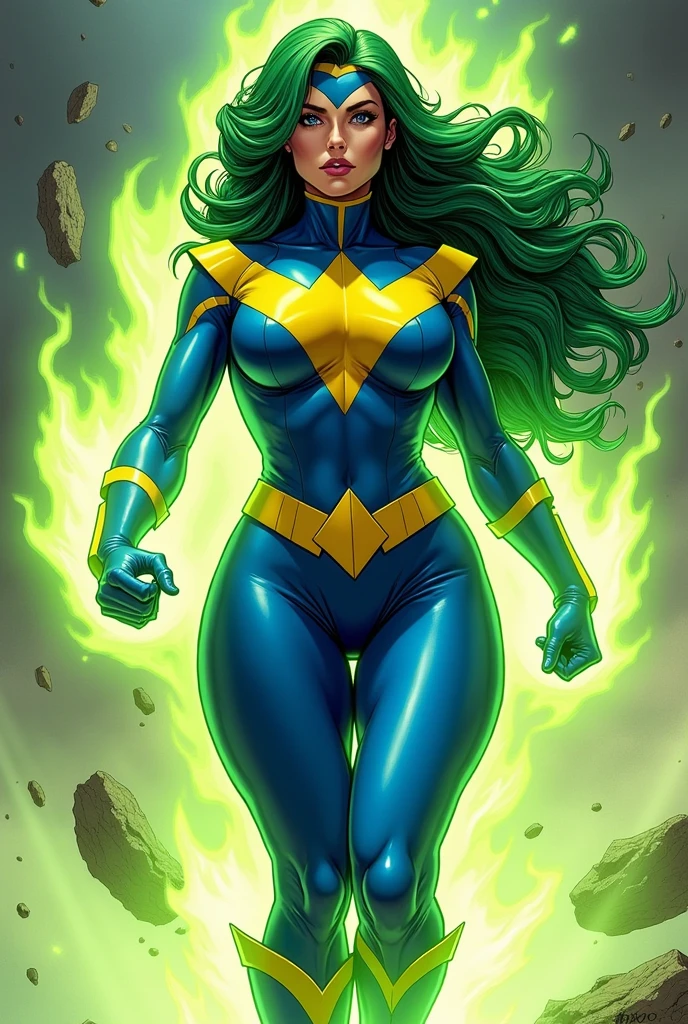 Lorna Dane, polaris x-men, (busty and voluptuous body), (blue glowes:1.5), (arms naked:1.3),  (green thick wavy long hair:1.4), (huge breast:1.6), wearing a blue costume, big yellow in the chest and stomach, with yellow xmen belt, yellow boots, (screenshot of a beat em up videogame), (she's surrounded by a green energy:1.5), (comic style:1.4) 