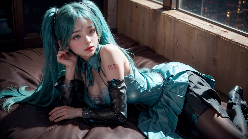 masterpiece,Game Art,Best picture quality,Maximum resolution,8k,(Upper Body,ambush),Unreal Engine 5 rendering works,Ray Tracing,RAW photos,(((Hatsune Miku Character))), (((Tosca Hair Color))), ((Long double ponytail hairstyle)), Enjoy the scenery, Focus on the Horizon, (((Perfect eyes))), (((Smile))), 21-year-old girl, Perfect body, (((Perfect anatomical structure))), Tosca Eye Color, Double eyelids, (((Small breasts))), Very detailed skin texture, (Realistic skin), Ultra-fine face, Delicate lips, (((Delicate eyes))), (((Double eyelids))), necklace, Moist skin, Wet hair, Simple background, (Front focus), (On the peaks:1.2), (((Night Atmosphere))), Deep Dark, Surrealist Portraits of Women by David Hockney and Alphonse Mucha, Fantasy Art, (((Photo-realistic))), ((Dynamic poses)), (((World Model Poses))), Dynamic Lighting, Art Station, poster, Volumetric Lighting, Very detailed faces, 4K, in the darkness, (((Night Atmosphere))), ((Deep Shadows)), Low profile, Cowboy shooting, (((Red long skirt))), Lighting Dress, (((Erotic lace dress))), (((stocking))),((3D Unreal Engine)),OC rendering reflection mode