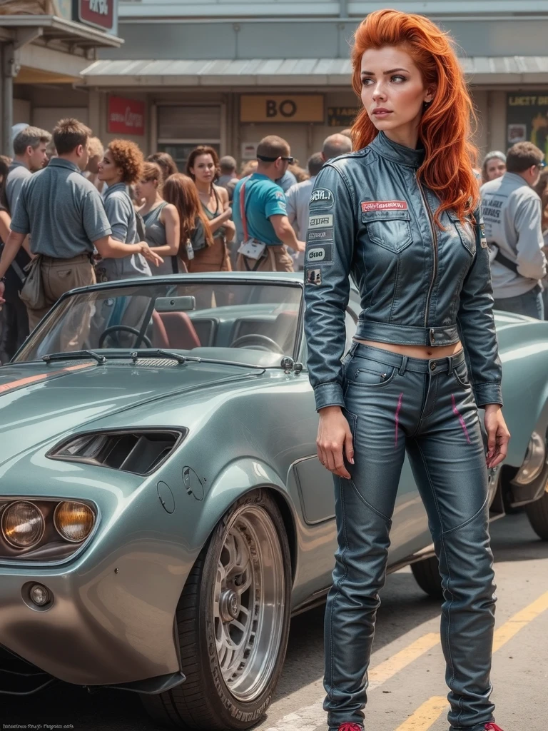A photo realistic Ginger Hair female street racer vixen wears an street racing suite. masterpiece professional hyper realistic artwork of Don Lawrence, detailed face, insanely detailed and intricate, volumetric lighting, professional color grading by Kenneth Hines Jr., outdoors at the start lane. 80's European Color Comic Style