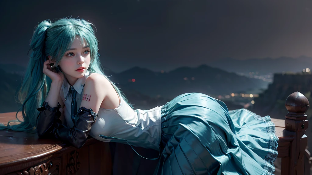 masterpiece,Game Art,Best picture quality,Maximum resolution,8k,(Upper Body,ambush),Unreal Engine 5 rendering works,Ray Tracing,RAW photos,(((Hatsune Miku Character))), (((Tosca Hair Color))), ((Long double ponytail hairstyle)), Enjoy the scenery, Focus on the Horizon, (((Perfect eyes))), (((Smile))), 21-year-old girl, Perfect body, (((Perfect anatomical structure))), Tosca Eye Color, Double eyelids, (((Small breasts))), Very detailed skin texture, (Realistic skin), Ultra-fine face, Delicate lips, (((Delicate eyes))), (((Double eyelids))), necklace, Moist skin, Wet hair, Simple background, (Front focus), (On the peaks:1.2), (((Night Atmosphere))), Deep Dark, Surrealist Portraits of Women by David Hockney and Alphonse Mucha, Fantasy Art, (((Photo-realistic))), ((Dynamic poses)), (((World Model Poses))), Dynamic Lighting, Art Station, poster, Volumetric Lighting, Very detailed faces, 4K, in the darkness, (((Night Atmosphere))), ((Deep Shadows)), Low profile, Cowboy shooting, (((Red long skirt))), Lighting Dress, (((Erotic lace dress))), (((stocking))),((3D Unreal Engine)),OC rendering reflection mode