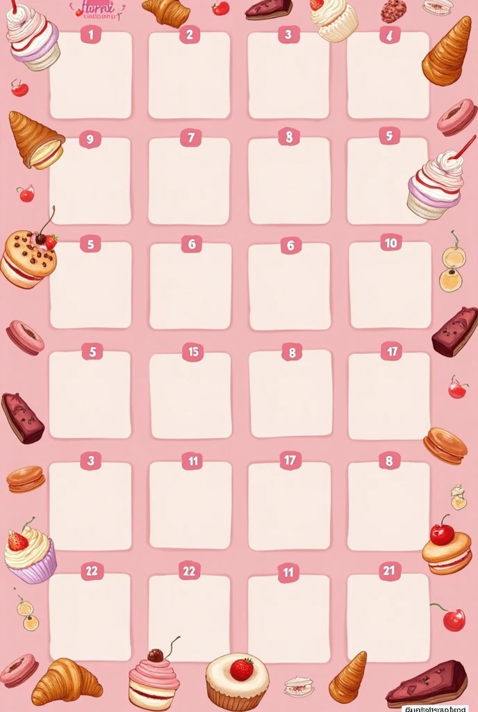 I want a picture that looks like a table divided into squares with rows that have six squares and columns of five with numbers from 1 to 30, the background in pink and with pastry drawings.