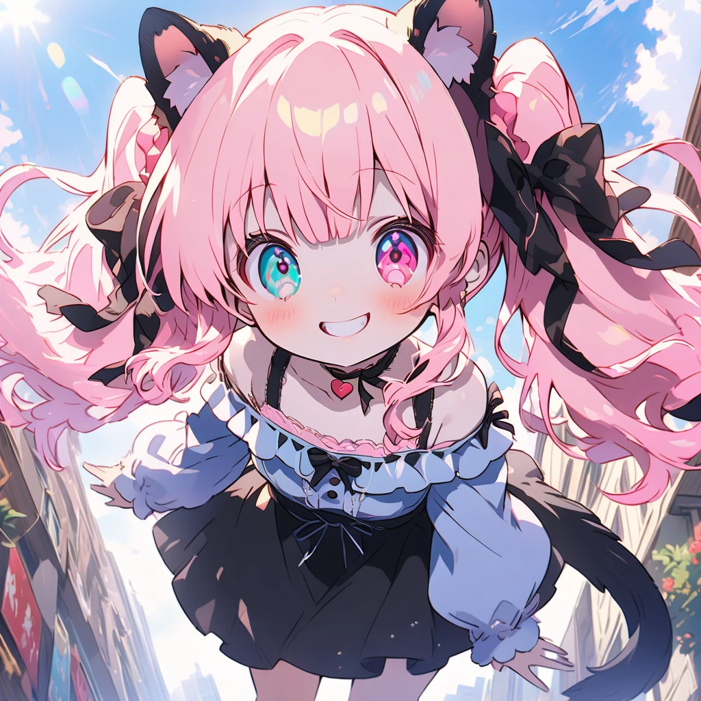masterpiece, Highest quality, Super detailed, beautiful, Exquisite, Full HD, 16K, Absurd, , kemono, Hilarious, Hilarious grin, Are standing, View your viewers, Twin tails, Hair Bun, Both sides up, Blunt bangs, Wavy Hair, Shiny Hair, Pink Hair, Pink Eyes, Aqua Eye, Open your eyes, Big eyes, Droopy eyes, with heart-shaped eyes, Heterochromia iridis, with star-shaped iris, Have heart-shaped irises, with diamond-shaped iris, With sparkling eyes, Strange Eyes, Pale skin, Fair skin, Glowing Skin, Detailed skin, Little, small, , slim, Ruffled clothing, Off the shoulder, mini skirt, Gothicta, Tube top, choker, Knee socks, Knee socks, ribbon, Big face, With cat ears, Feline tail, cute face, Baby Face, , In the city, blue sky and shining light, in the morning, cute, cute, this, beautiful, Bright atmosphere, anime, cel anime, Little, 2d anime, Little anime, from the front, Front view, Dynamic Angle, Wide View, Golden Ratio, framing composition, sunlight, Soft lighting, head shot