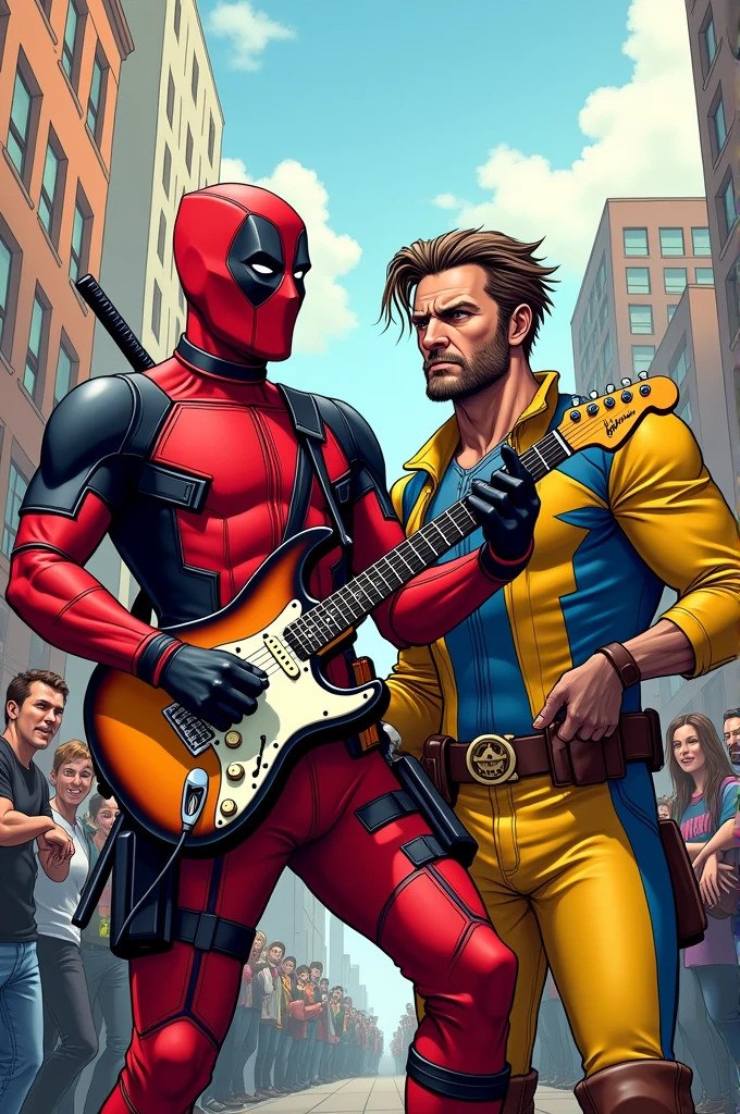 Deadpool playing an electric guitar and Logan in his yellow suit with a grumpy face