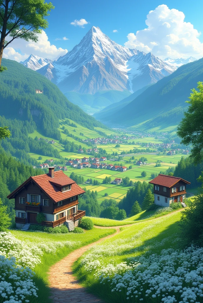 A breathtaking view of a vast, verdant valley, a picturesque village nestled amidst rolling hills and lush farmlands. Towering mountains capped with snow pierce the sky, their slopes painted with vibrant hues of green. A winding path through a field of white wildflowers leads the eye towards the village, bathed in the warm glow of the sun. Anime style, highly detailed, vibrant, serene