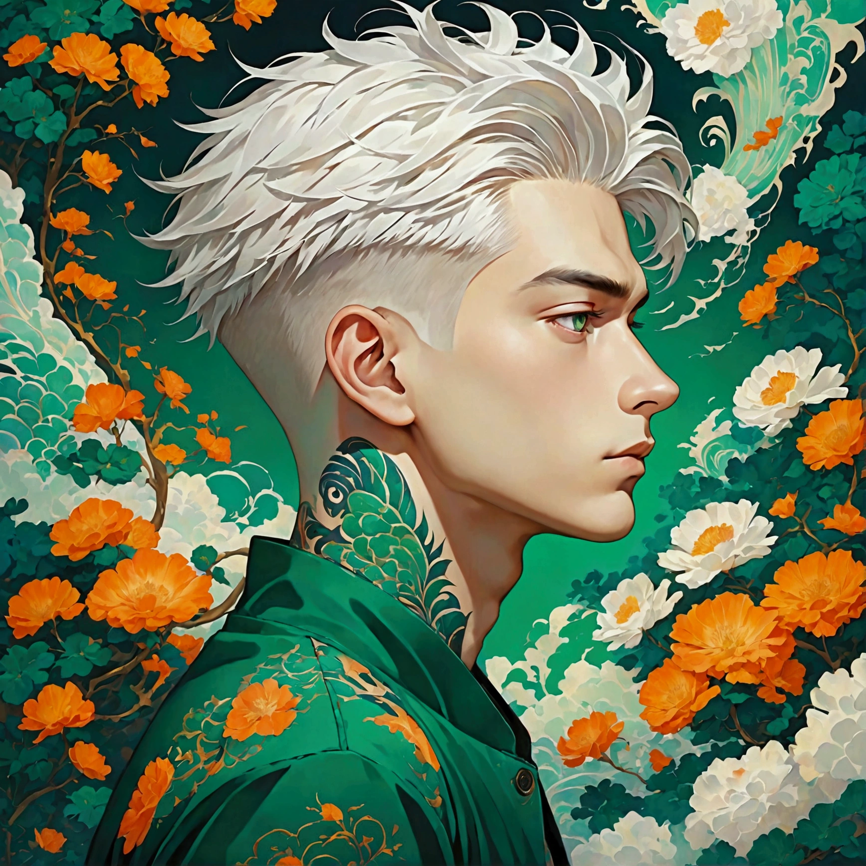 **Prompt:** A striking digital art piece, featuring a boy with white hair, styled in a sleek and modern manner, looking downward with a contemplative expression. His skin is adorned with intricate tattoos that contrast against his pale complexion. The background is a vivid green, designed in a captivating illusion art style, with swirling patterns and abstract shapes that create a sense of depth and movement. The overall aesthetic is intense, with sharp lines and bold colors, giving the image a modern and edgy feel. The boy's presence dominates the composition, making him the focal point of this visually dynamic artwork.