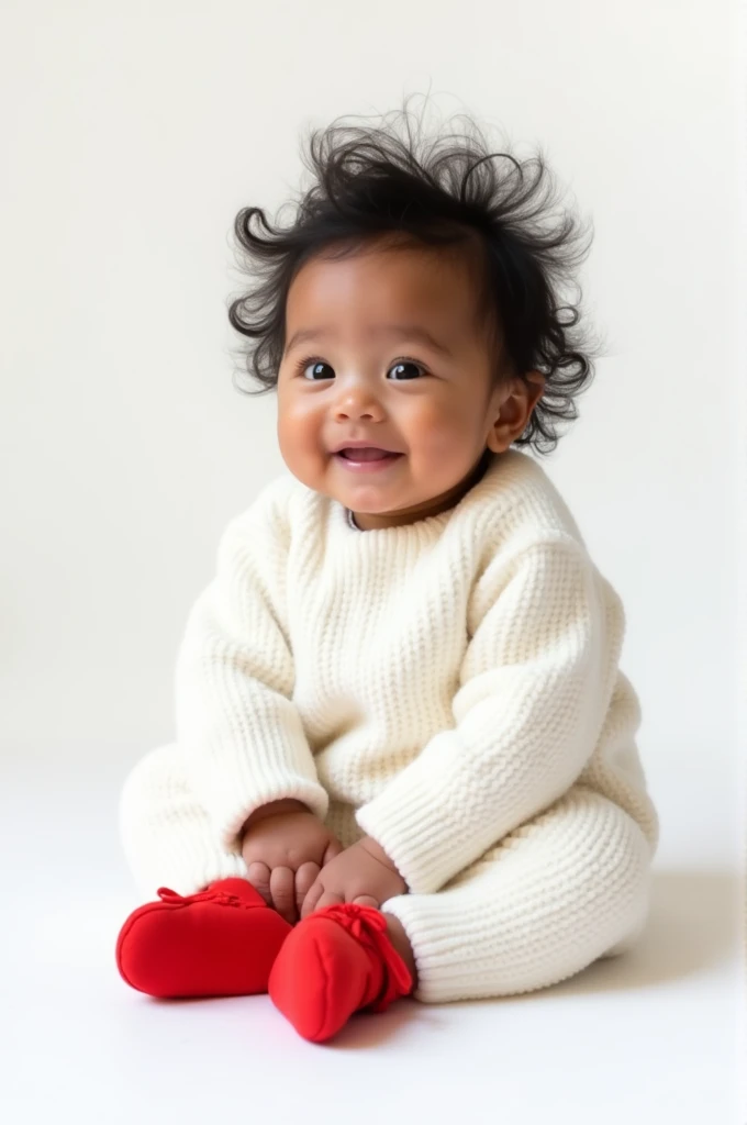 2 month old baby sitting in white clothes, black hair red shoes, white image background 