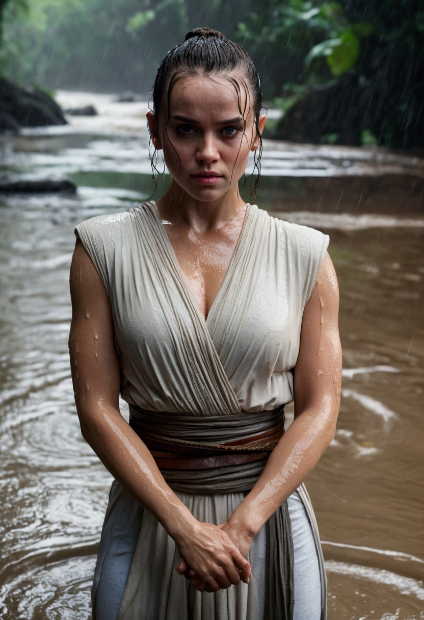 Rey Skywalker with her very large bust highlighted, with her giant bust protruding forward, with her arms and hands tightly squeezing her giant bust, wearing a very tight, ripped, white women's sleeveless shirt and wet, standing in a river, with a  sexy smile on her face, in the rain, detailed 8k resolution
