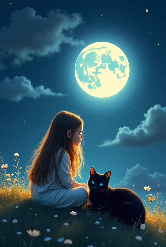 girl sitting with a background of a full moon with a cat in a color of black and blue and yellow