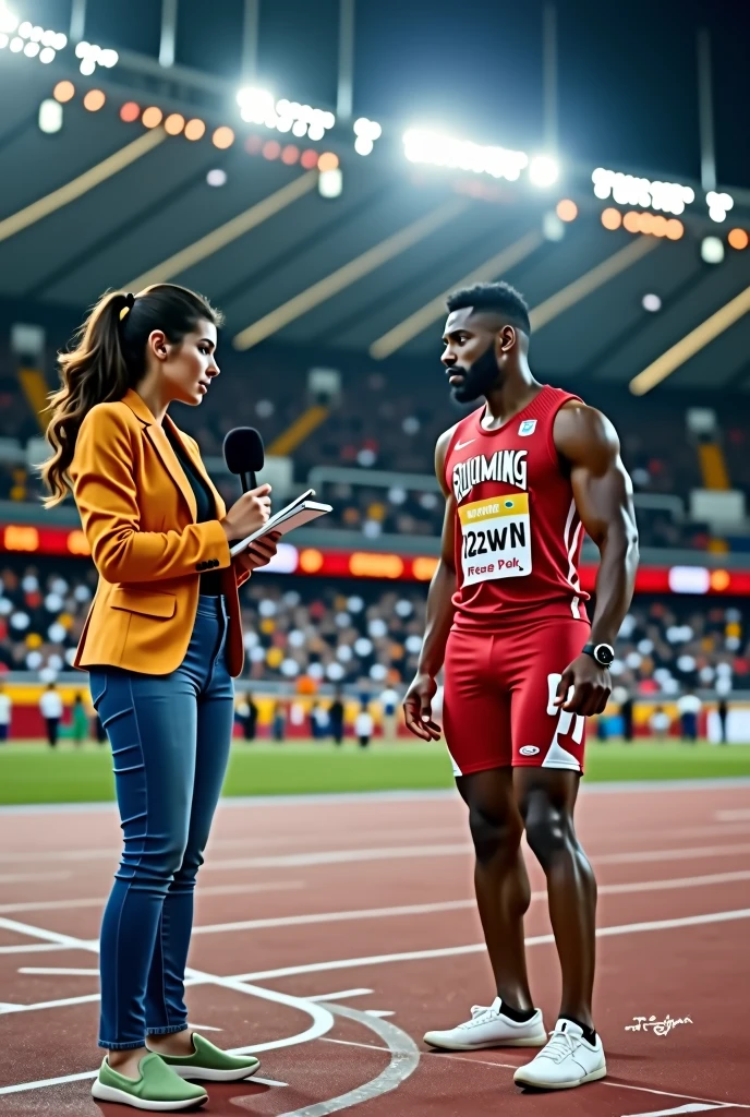 A young full-body reporter, interview an athlete who did not qualify for the 100-meter race. Both are facing each other so they observe.