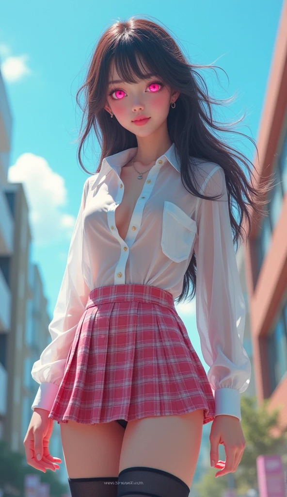 (((There is one girl:1.5)))，Waifu  E-girl, Cat Ears, Cat Tail, ((Glowing-Pink-Eyes))，(((A tall high school girl with a model figure)))，Perfect proportions，(Standing facing this)，Full body photography，(wide thighs, Very long legs)，Fleshy，Mid-chest，(((Cleavage)))，Breast enlargement，swelling of the nipples，Unbutton your shirt，Loafer Asterpiece on the ground:1.3)，((8k, Photorealistic:1.4))，((Surreal，RAW Photos, highest quality: 1.4))，((Ultra high definition，Super detailed)), Beautiful Face，((Realistic face)，(Brown's shortcuts:1.3))，Short Hair，Disheveled Hair，Fluffy hair，Detailed eyes，Realistic beautiful skin，Golden Ratio，Super cute，Open your mouth a little，smile，High school girl in summer clothes，White shirt，Sweaty，Wetty，(Wet shirt)，See-through shirt，Light clothing，Surreal school girl，pleated micro mini skirt，Checkered micro mini skirt，Pleated miniskirt with tartan check，((I can see your panties！！))，pantyhose，(Black Stockings)，((Knee-high stockings))，loafers，Esbian all over，High school girl wearing JK uniform，Sexy pose，Anatomically accurate body，Precisely drawn fingers，