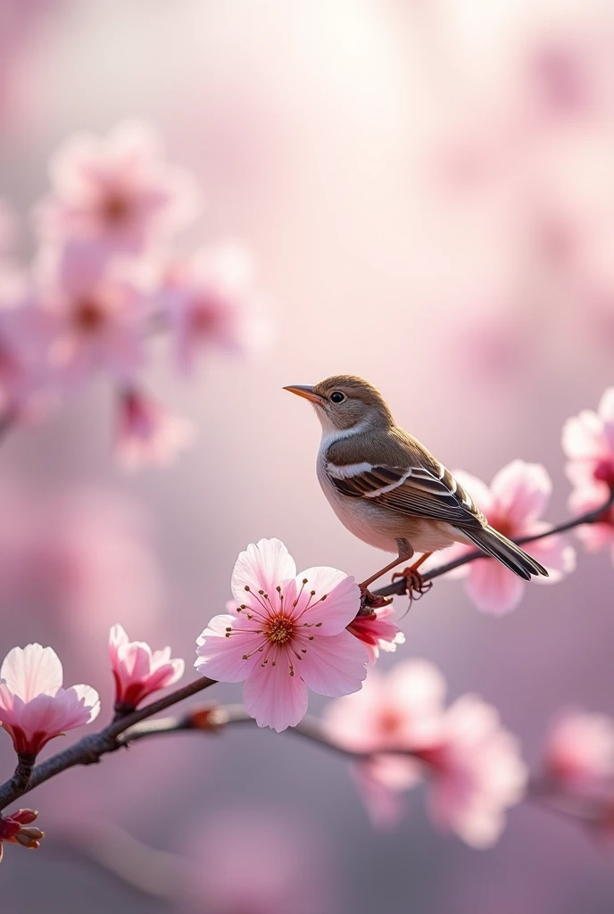 A sparrow perched on a delicate cherry blossom branch during springtime, with soft, pastel colors in the background.