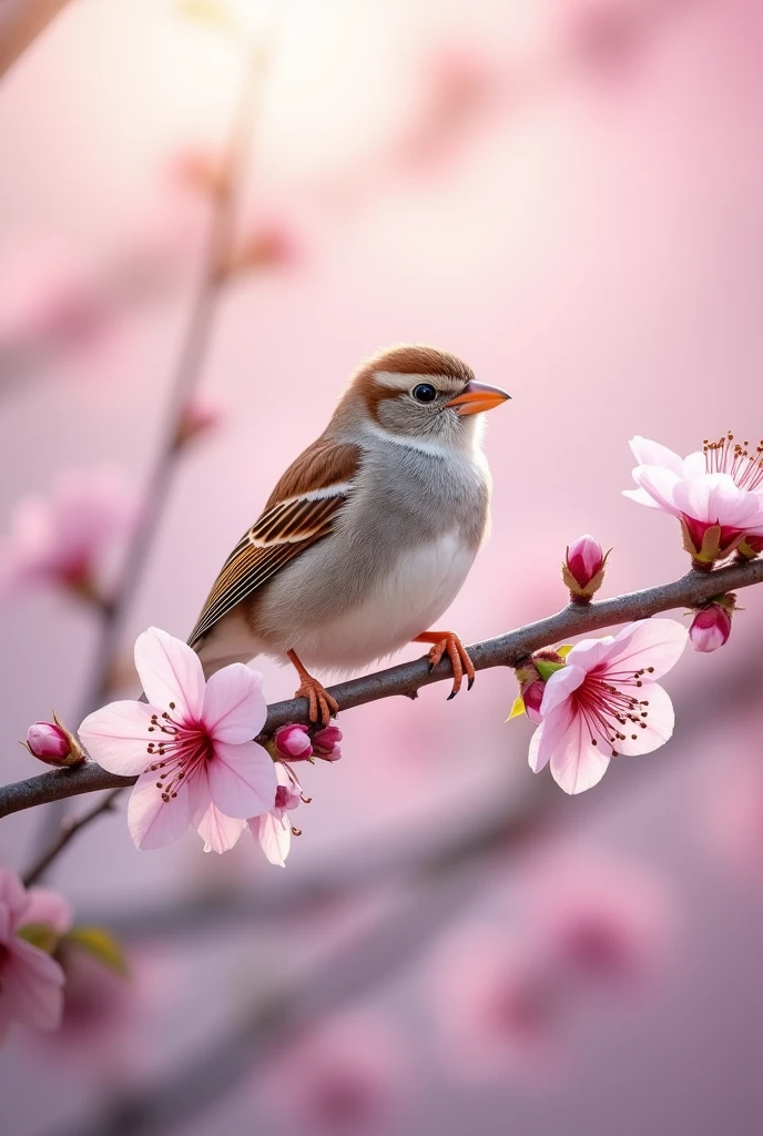 A sparrow perched on a delicate cherry blossom branch during springtime, with soft, pastel colors in the background.
