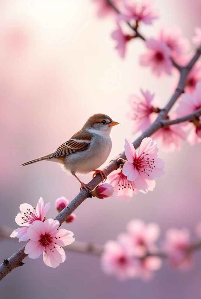 A sparrow perched on a delicate cherry blossom branch during springtime, with soft, pastel colors in the background.