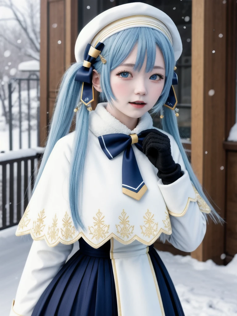 mksks style, masterpiece, best quality, sidelighting, highres,snowy field, snow,
yuki miku (2021), 1girl, blue gloves, book, white headwear, blue hair, twintails, musical note hair ornament, gloves, beret, hat, bow, solo, blue eyes, long hair, musical note, capelet, white capelet, braid, light blue hair, snowflake print, blue bow, hair ornament, braided bangs, looking at viewer, hair bow, upper body, white dress, fur trim, fur-trimmed capelet, treble clef,  gold trim, dress, very long hair, bowtie, tabard, lily of the valley,
 