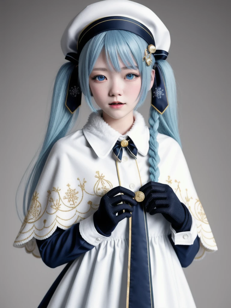 mksks style, masterpiece, best quality, sidelighting, highres,snowy field, snow,
yuki miku (2021), 1girl, blue gloves, book, white headwear, blue hair, twintails, musical note hair ornament, gloves, beret, hat, bow, solo, blue eyes, long hair, musical note, capelet, white capelet, braid, light blue hair, snowflake print, blue bow, hair ornament, braided bangs, looking at viewer, hair bow, upper body, white dress, fur trim, fur-trimmed capelet, treble clef,  gold trim, dress, very long hair, bowtie, tabard, lily of the valley,
 