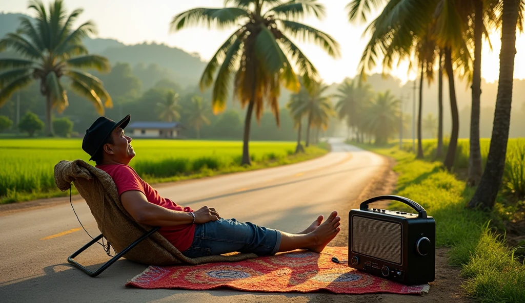 A serene roadside scene in Sakon Nakhon, Thailand, where a local man is lying down on a woven mat next to a quiet rural road. He’s listening to an old portable radio placed nearby, with the soft sounds of traditional Thai music or a local radio show filling the air. The landscape around him is lush and green, with rice fields stretching into the distance, coconut trees swaying gently in the breeze, and a few small village houses visible in the background. The road is simple, unpaved, with a peaceful, rustic charm. The man appears relaxed and at ease, enjoying a moment of calm as he rests beside the road, embraced by the tranquility of the countryside.