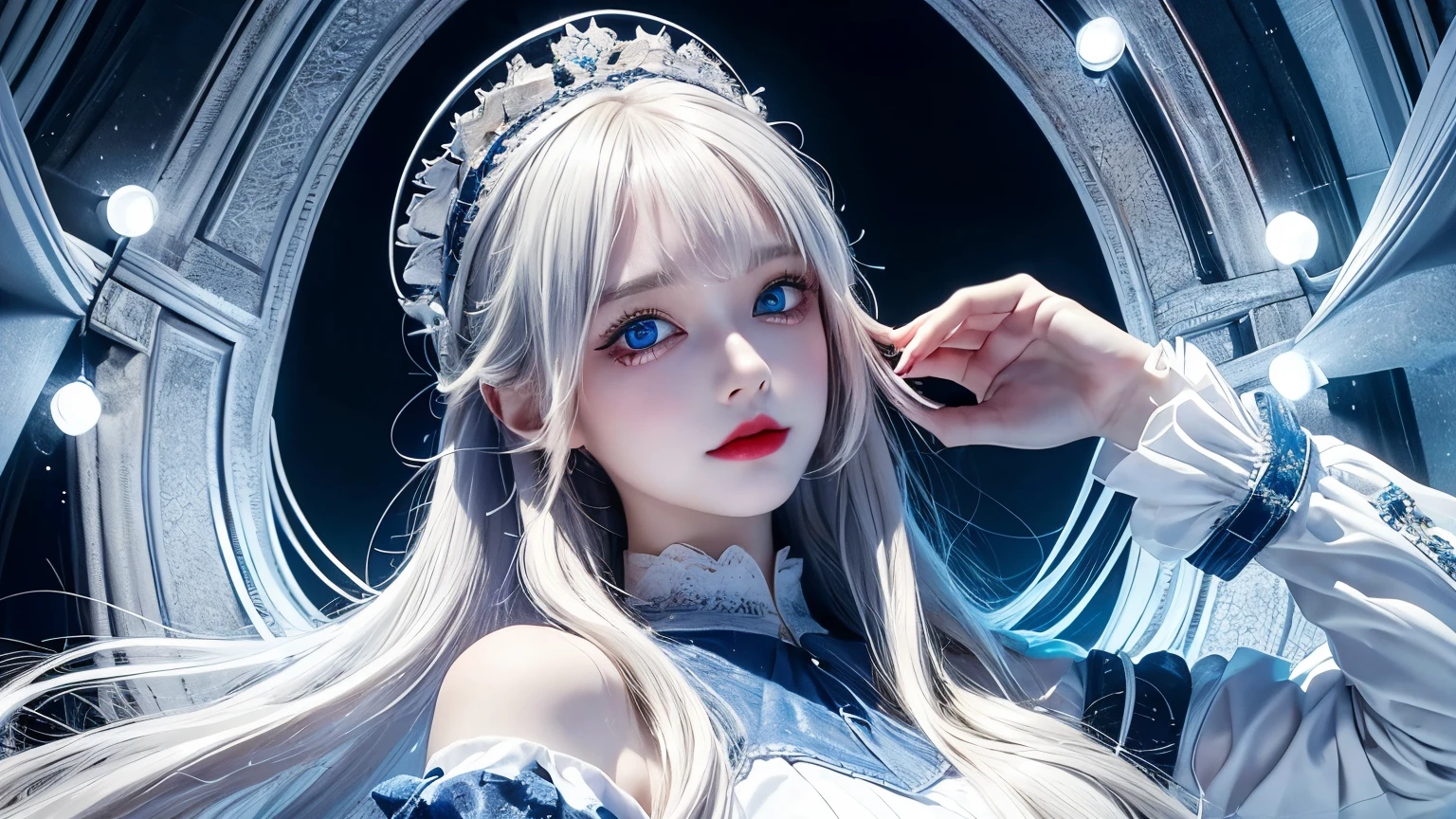 4K quality:1.2,1girl,sense of deps,disorganized,catch light,Super beautiful illustration,((White,long hairstyles:1.3)),dark dark eyeshadow,(((4k,super beautiful,In detail,blue eyes))),bright red lipstick,gothic lolita,;D,beautiful and delicate hair , upper body, from below, 