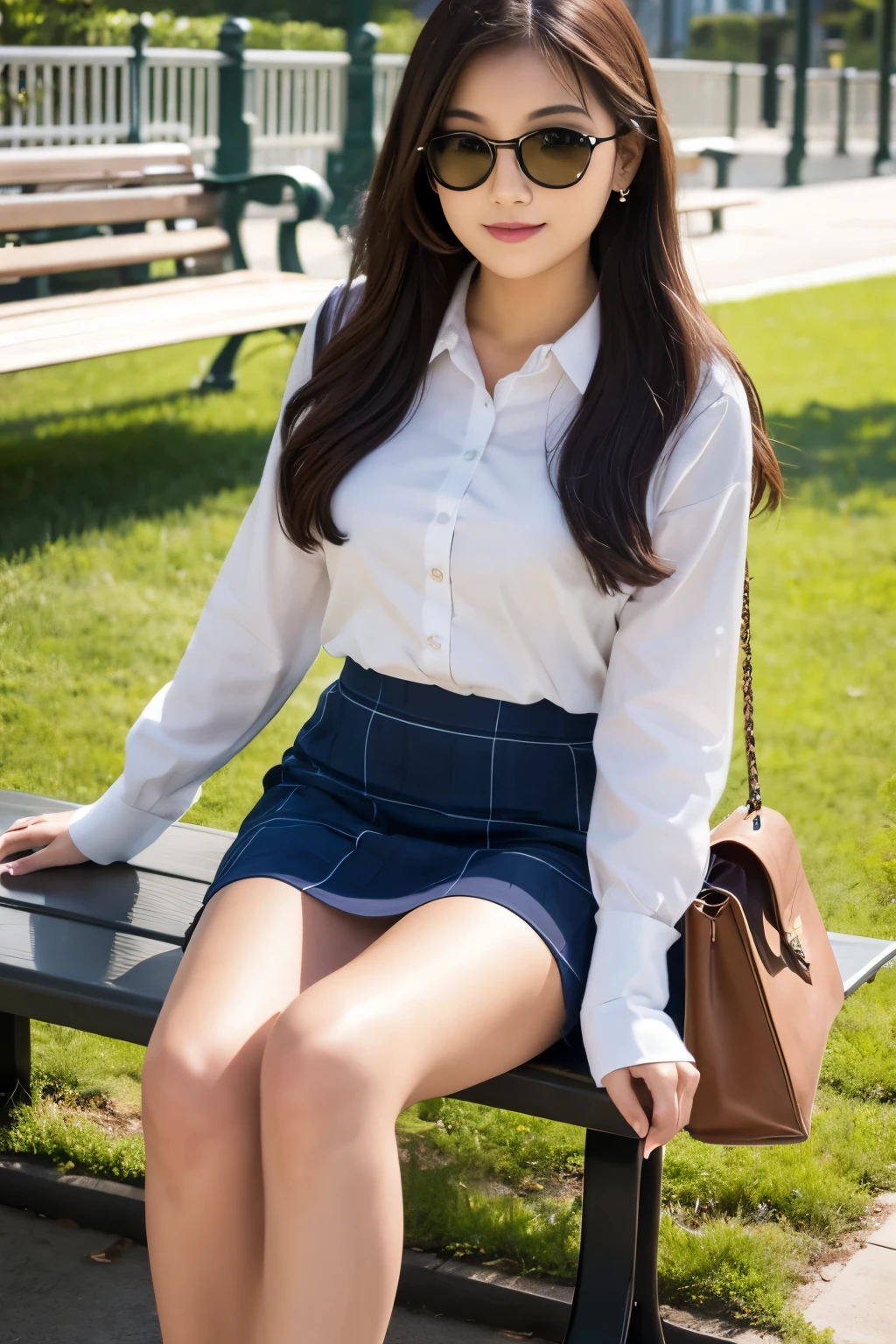 A woman sitting on a park bench skirt
