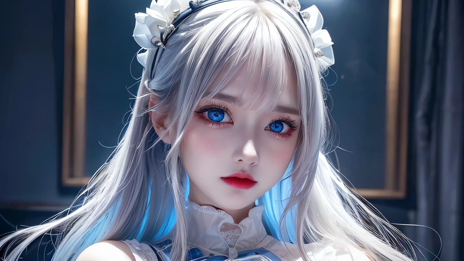 4K quality:1.2,1girl,sense of deps,disorganized,catch light,Super beautiful illustration,((White,long hairstyles:1.3)),dark dark eyeshadow,(((4k,super beautiful,In detail,blue eyes))),bright red lipstick,gothic ta,;D,beautiful and delicate hair , upper body, from below,