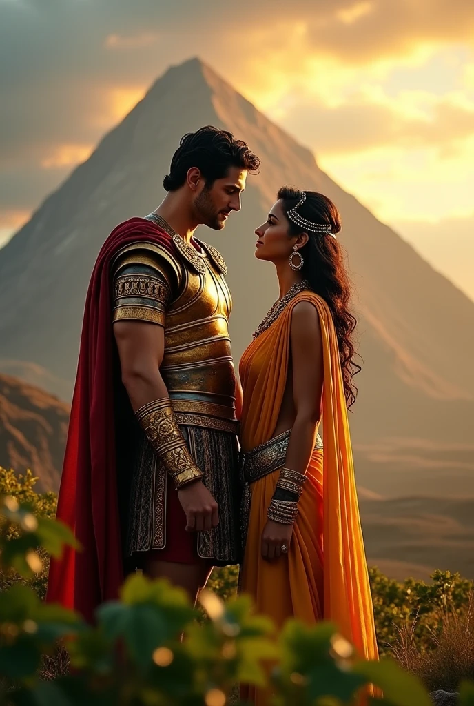 Marco Antonio and Cleopatra in front of a mountain