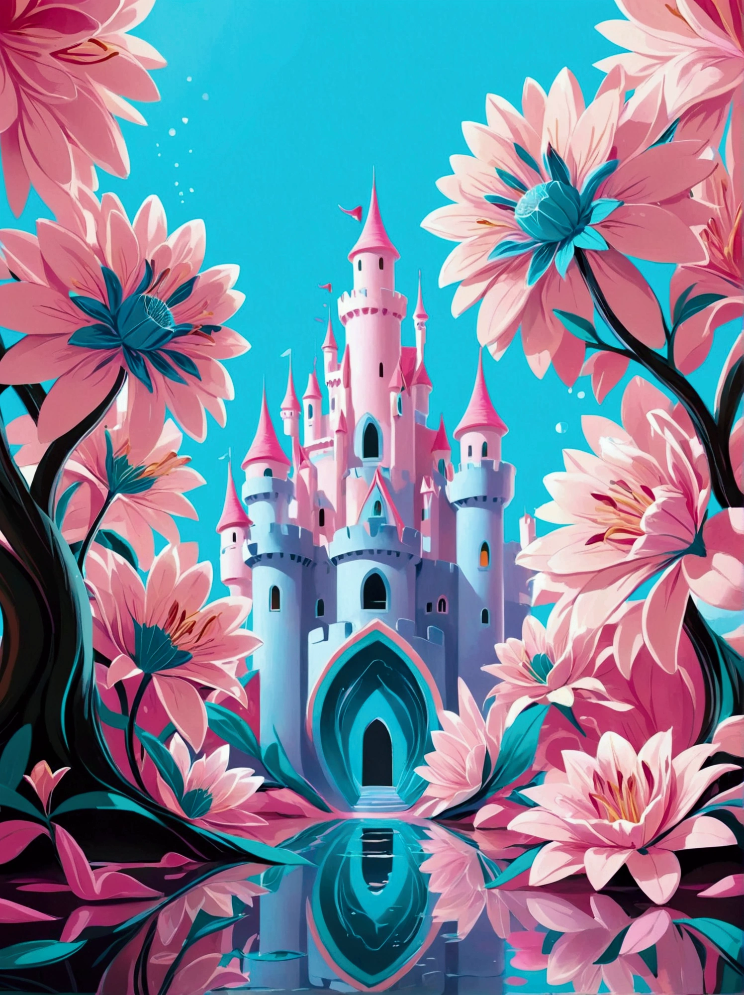 ([negative space:0.8:1.5]), (dream castle),(minimalist composition),(blue and pink dream castle),(dream castle with trees and water reflection),(surrealistic),(clean background),(Cinema4D rendering style),(high-resolution photography),(dreamy),(minimalist sculpture art installation), the background is the petals of an oversized lily, with a men, The flower has green stamens and long leaves, creating a dreamy effect. In light pink and sky blue tones, this illustration features cartoon characters and vector graphics. It was created using digital painting in the style of artists such as award winning illustrators, colorful cartoon-style illustration from an award winning animated movie, illustrated in bold outlines, showcasing its colors and shapes. The character is depicted adorned colorful energy against a white background, [mythical creature:0.8]