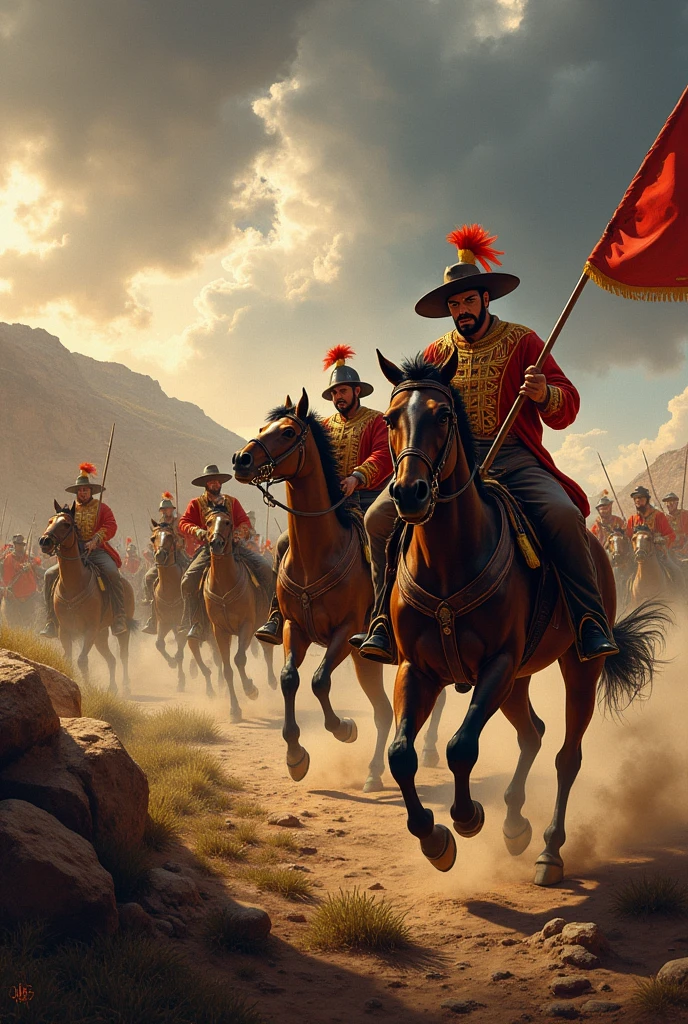 A battle between Spaniards and Peruvians in 1824, using their characteristic uniforms, including cavalry