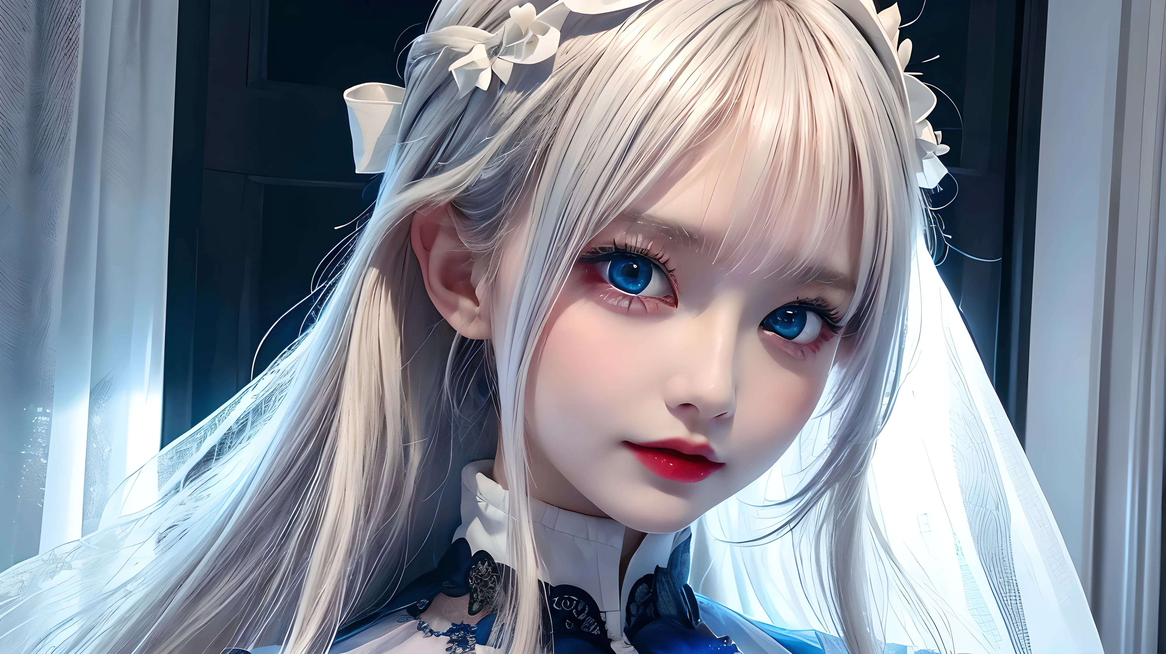 4K quality:1.2,1girl,sense of deps,disorganized,catch light,Super beautiful illustration,((White,long hairstyles:1.3)),dark dark eyeshadow,(((4k,super beautiful,In detail,blue eyes))),bright red lipstick,gothic ta,;D,beautiful and delicate hair , upper body