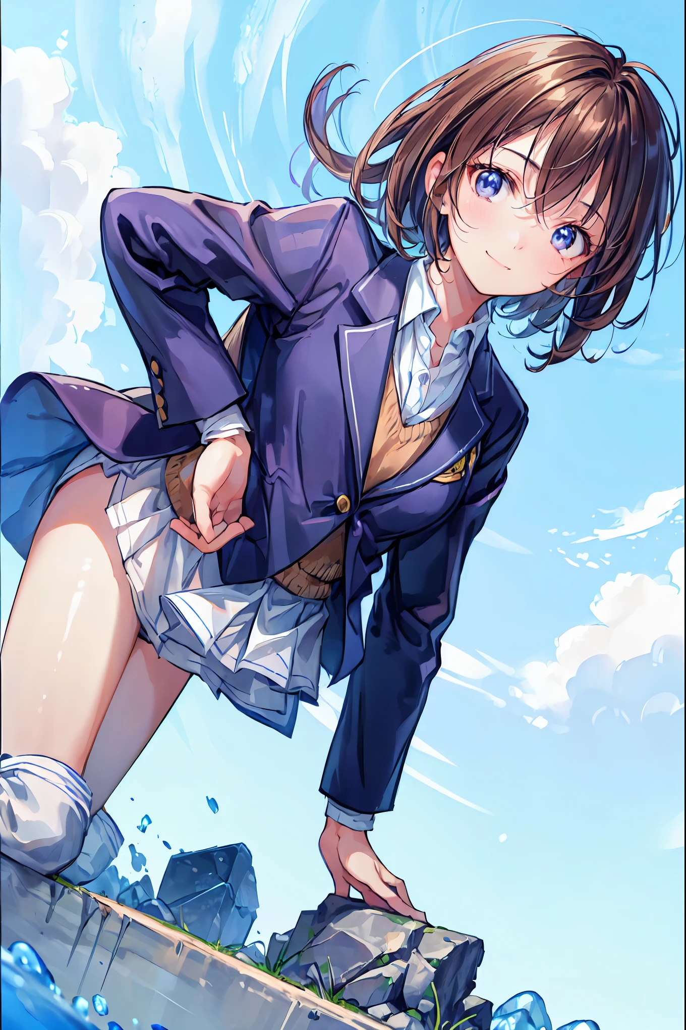 (Highest quality,masterpiece:1.3,Ultra-high resolution),(Very detailed,Caustics,8k),(Realistic:1.4,RAW shooting),18-year-old,Japanese,cute,I'm looking at the camera with a smile on my face,Blazer Uniform,forward leaning posture,Waist up shot,(Face Focus:1.2),(Face close-up:1.2),(Low position:1.3),(Low - Angle:1.4),blue sky,Natural light,Brown Hair,Shortcuts,Slender beauty,Messy Hair,Summer sunshine,blue sky,Once the typhoon passed