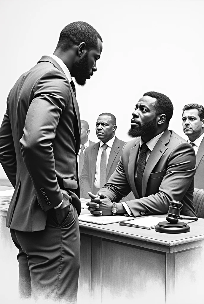 draw a drawing a black man confronting and harassing a white man in courts by pencil in white and black colors only