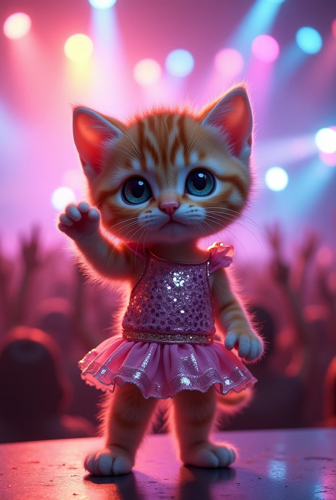 A small kitten standing with its front paw raised facing forward。
Big eyes with a cute, human-like expression。Slightly larger head than body。limbs are short。
Outfit like an idol。
Glossy texture。
The background is the live stage