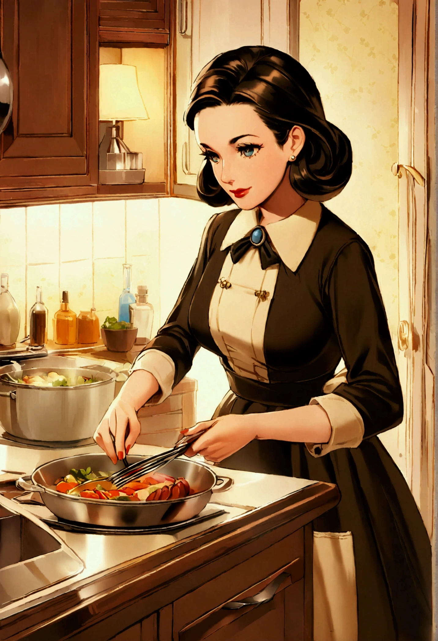 (1950s 007 secret agent), Danish spy housewife, wearing a Mama bear costume elegantly preparing dinner in a vintage kitchen, mid-century decor, warm and inviting ambiance, rich colors, soft lighting, intricate details of kitchenware, retro attire with subtle spy accessories, nostalgic and charming setting, ultra-detailed, cinematic scene capturing a blend of domesticity and intrigue, 4K quality.