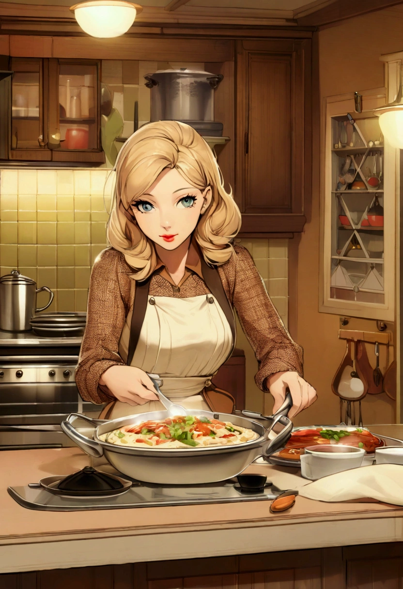 (1950s 007 secret agent), Danish spy housewife, wearing a Mama bear costume elegantly preparing dinner in a vintage kitchen, mid-century decor, warm and inviting ambiance, rich colors, soft lighting, intricate details of kitchenware, retro attire with subtle spy accessories, nostalgic and charming setting, ultra-detailed, cinematic scene capturing a blend of domesticity and intrigue, 4K quality.