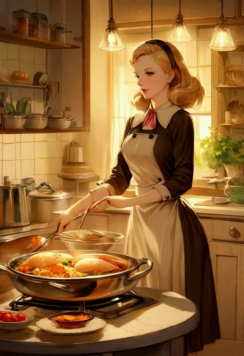 (1950s 007 secret agent), Danish spy housewife, wearing a Mama bear costume elegantly preparing dinner in a vintage kitchen, mid-century decor, warm and inviting ambiance, rich colors, soft lighting, intricate details of kitchenware, retro attire with subtle spy accessories, nostalgic and charming setting, ultra-detailed, cinematic scene capturing a blend of domesticity and intrigue, 4K quality.