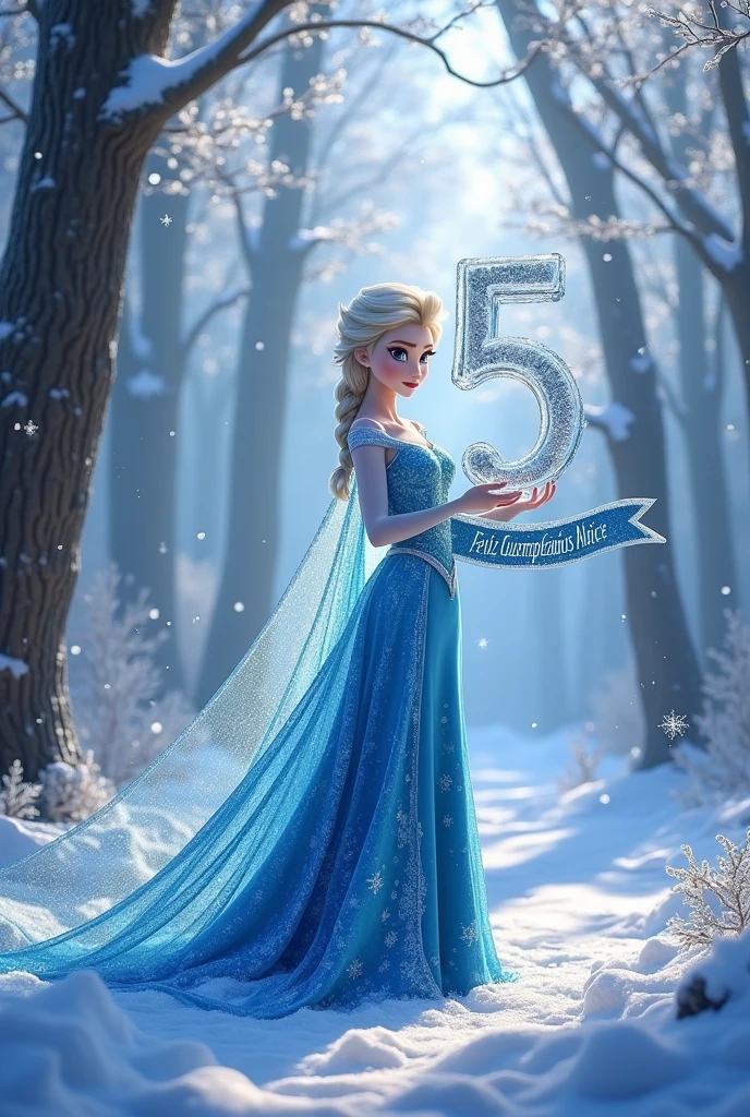 Frozen's Princess Elsa in a frozen forest holding the number 5 and the phrase Happy Birthday Alice below in Spanish