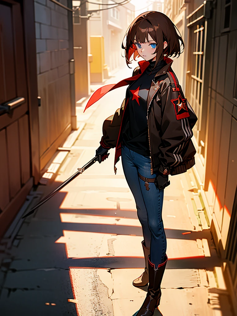 Anime girl, blue eyes, (short messy brown hair), assassin, longsleeved long jacket, black shirt with red star underneath. Dark jeans, heeled ankle boots. Black gloves. Garter on left thigh. Standing in alleyway, side-facing. Sunset, long shadows, detailed shading.