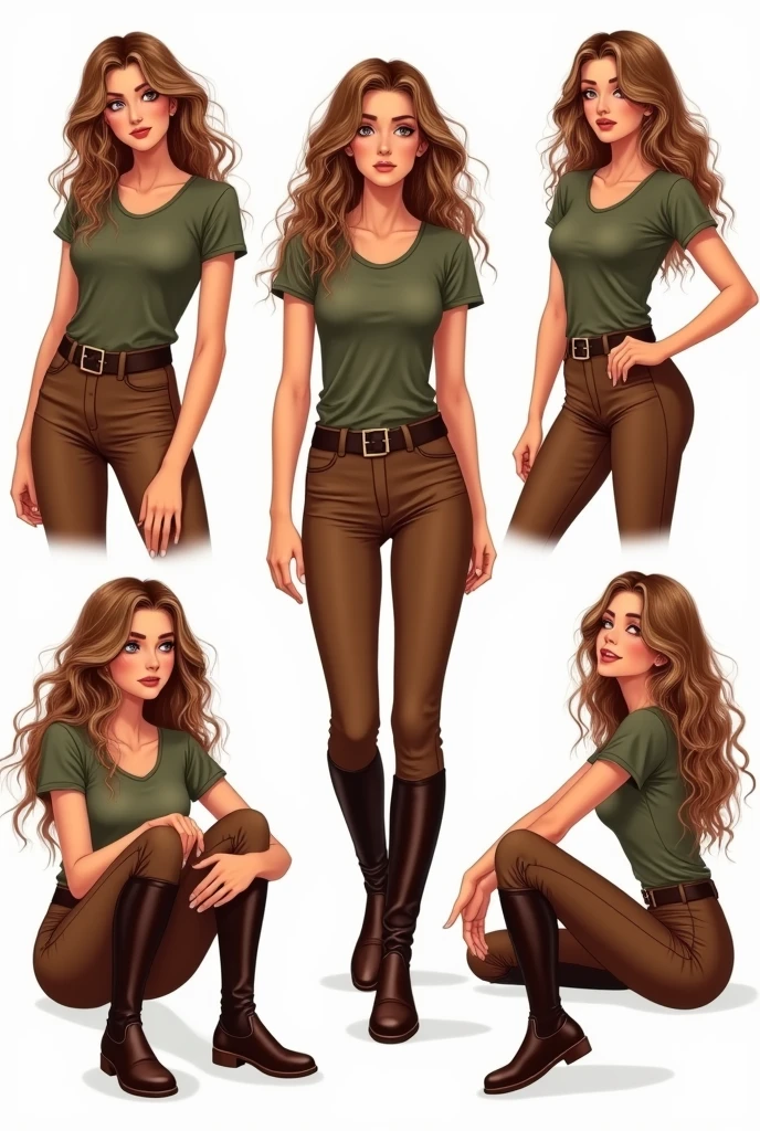 Illustration on white background. Woman with long hair, curly hair, brown hair with blonde highlights, Hazel eyes, military green t-shirt, brown riding pants with a belt and brown boots. She is in 6 different situations : standing wearing equestrian equipment ; walking ; laughing ; sad ; sitting with her back to the camera, talking to the camera