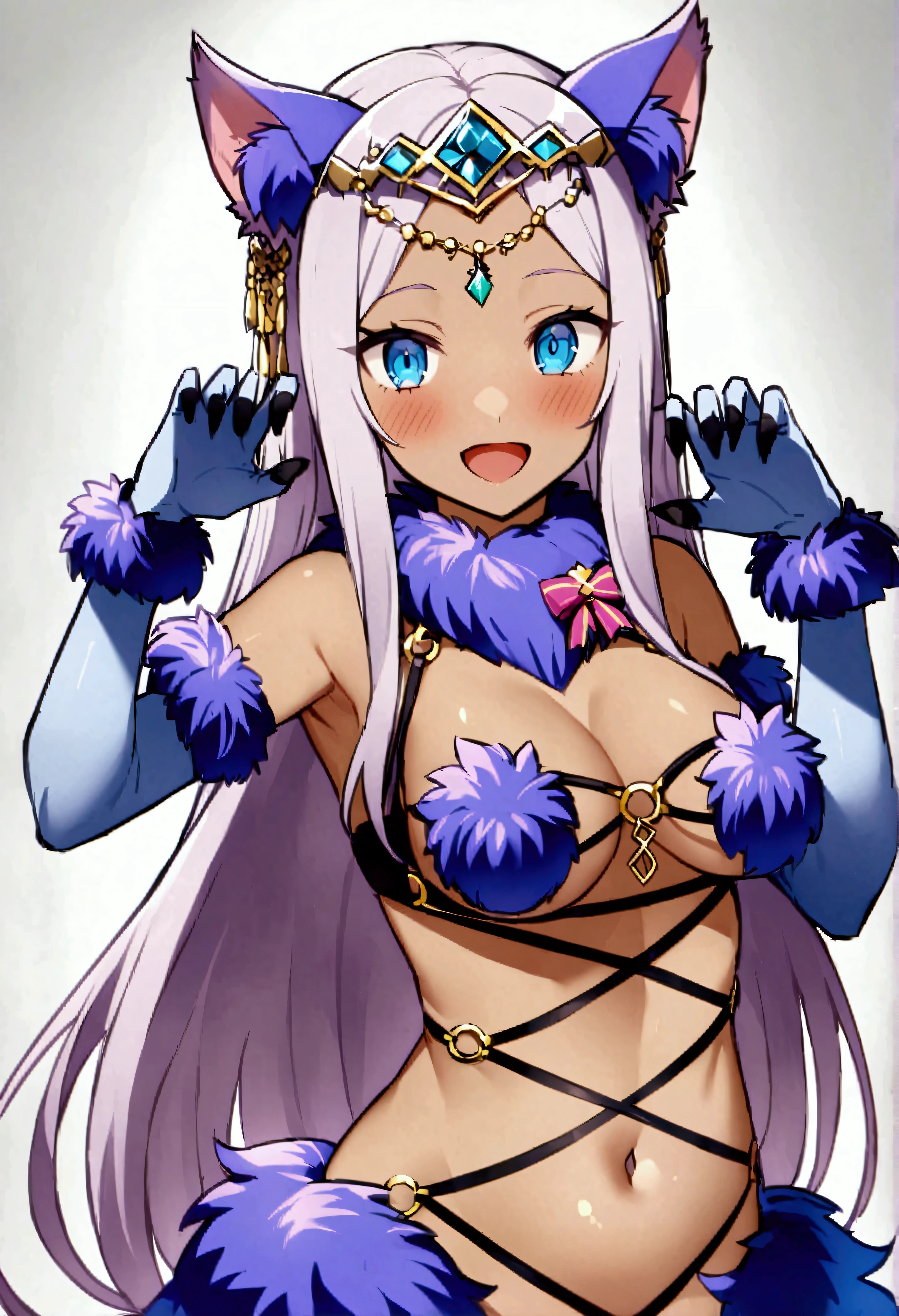 solo、{queen_of_Look_fgo:1.15}、animalの耳、Dark Skin、Long Hair、Dark Skinの女性、Purple Hair、chest、大きなchest、smile、Light blue eyes、gem、Head Chain、chestの谷間、blush、Open your mouth、gem、blue eyes、one person's、bangs、Cosplay、tooth、Looking at the audience、mash_kyrielight_\(dangerous_beast\)_\(cosplay\)、分けたbangs、紫のgloves、Nail Pose、肘のgloves、額のgem、毛皮で縁取られたgloves、Fur collars、Fur trim、gloves、Jackal ears、belly button、O-ring、Wolf Ears、Shoulder Bare、Revealing clothing、Bat_\(animal\)、Circlet