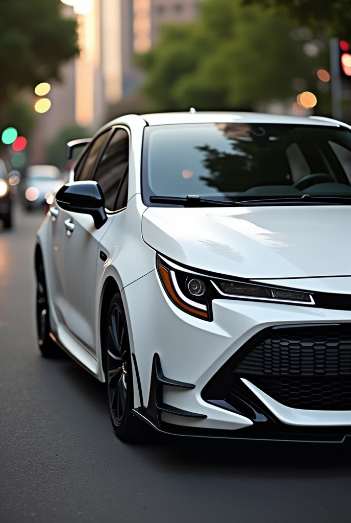 White Corolla car from the front with a black roof, black rearview mirror, black door handle, black spoiler