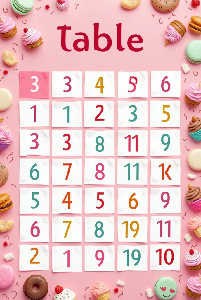 I want a picture that is like a table divided into squares with rows that have six squares and a column of five with numbers from 1 to 30. The background is pink and has pastry drawings.
It must have numbers from 1 to 30.