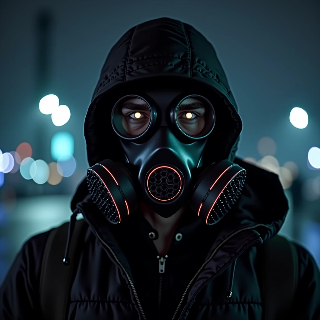 A cyberpunk man wearing a gas mask at night