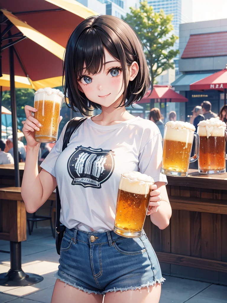 High resolution,Perfect Anatomy,Accurate anatomy,1 person ,Trending Hair,Trending Hair color,Trendy T-shirt

Sunshine bright, refreshing summer open-air cafe, Cheerfully holding a frosty mug of draft beer in both hands. she is smiling brightly, Her face shining with happiness. The girl has short black hair, Properly styled, and、Stylish light-up accessories, etc.、A casual outfit with a touch of futuristic elements. The atmosphere around her is warm, Vibrant, and満ち溢れる喜び.