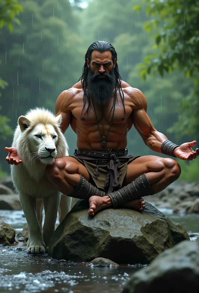 (professional 3d render:1.3) af (Realistic:1.3) most beautiful artwork photo in the world,Features soft and shiny male heroes, ((Epic hero fantasy muscle man rough wet hero angry looking long hair short beard and ferocious expressiion and doing yoga on the stone near a river and the white lion sitting on his side.Fantastic location, Majestic cluttered environment)), Full body 8K unified rendering, action shot, skin pore, very dark lighting, heavyshading, Detailed, Detailed face, (vibrant, photograph realistic, Realistic, Dramatic, Dark, Sharp focus, 8K), (Old leather garments damaged by weathering:1.4), ((((Wear fur)))), (Intricate:1.4), decadent, (Highly detailed:1.4), Digital painting, rendering by octane, art stations, concept-art, smooth, Sharp focus, illustration, Art germ, (loish:0.23), wlop ilya kuvshinov, and greg rutkowski and alphonse mucha gracias, (Global illumination, Studio light, volumettic light), heavy rain, and big white lion sitting on his side particles floating, lotr, fantasy, elf, full bodyesbian, (green and beautiful landscape