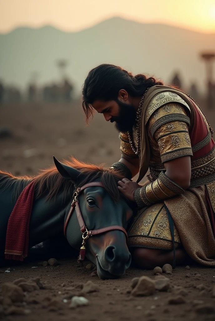 A touching scene where Maharana Pratap is crying, still in battle armor, kneels beside Chetak as the brave horse breathes his last. The atmosphere is filled with emotion, depicting the bond between the warrior and his loyal companion.